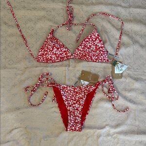 Red Floral Tie-Side Triangle Bikini